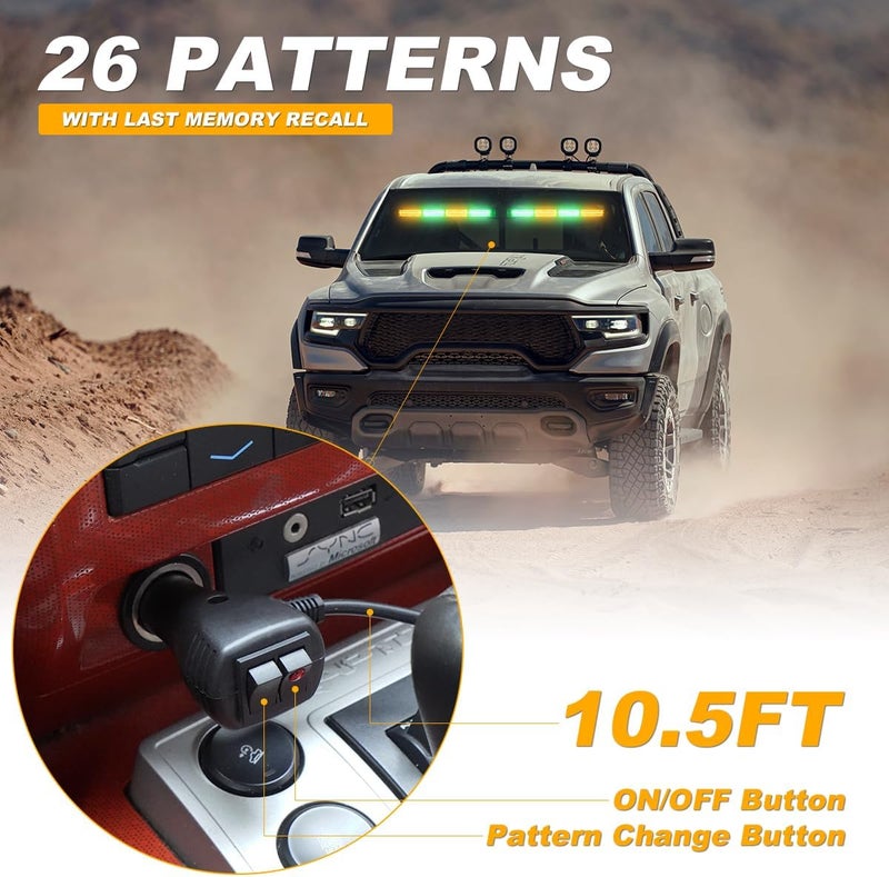 LRTER Emergency Dash Strobe Lights Warning Hazard Safety Front/Rear Interior Windshield Lights w/Suction Cups Deck Split Mount for Vehicles Trucks Volunteer Vehicles 2x17.7, Amber/Green - Image 5